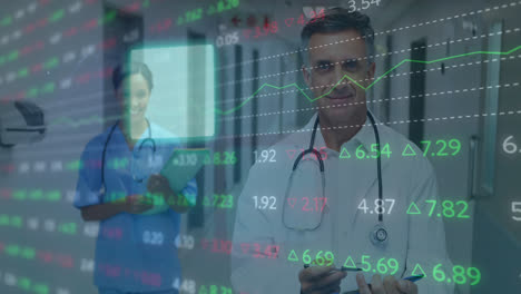 Animation-of-financial-data-processing-over-diverse-doctors-with-stethoscopes