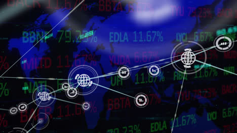 Animation-of-network-of-digital-icons-and-stock-market-data-processing-against-world-map