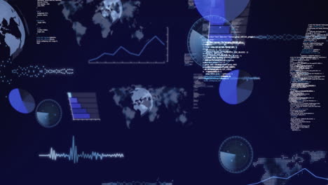 Animation-of-spinning-globe,-world-map-and-data-processing-against-blue-background