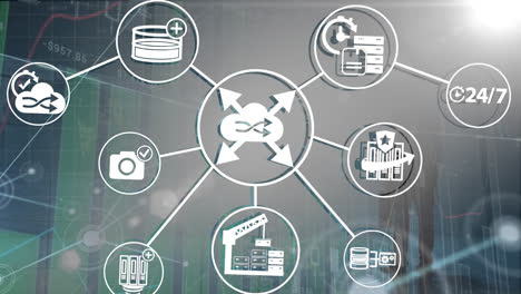 Animation-of-connected-icons-over-graphs-against-silhouette-of-businessman-standing-with-briefcase