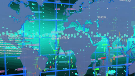 Animation-of-financial-graphs,-data-and-world-map-on-green-background