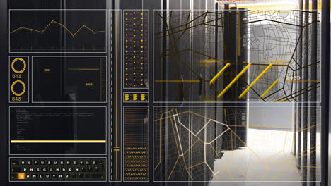 Animation-of-graph,-loading-circles-and-bars,-lines,-navigation-pattern-over-server-room