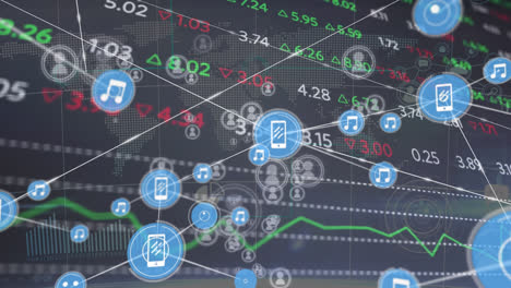 Animación-De-Conexiones-Sobre-Iconos-Y-Datos-Financieros-Y-Gráficos-Sobre-Fondo-Negro