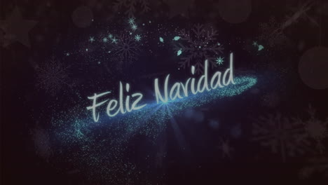 Animation-of-shining-blue-stars-moving-over-feliz-navidad-text-banner-against-black-background