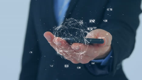 Animation-of-globe-of-network-of-connections-over-mid-section-of-a-businessman-using-a-smartphone