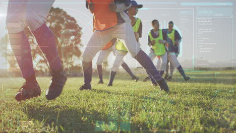 Animation-of-data-processing-over-diverse-female-baseball-players-exercising