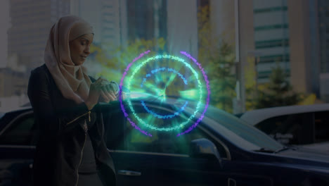 Animation-of-abstract-circles-against-asian-woman-in-hijab-checking-time-by-cars-on-city-street