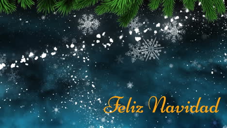 Animation-Des-Textes-„Feliz-Navidad“,-Sternschnuppe-Und-Schneeflocken-Vor-Dunklem-Himmel-Mit-Kopierraum