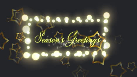 Animation-of-christmas-season's-greetings-text-with-fairy-lights-and-stars-on-black-background