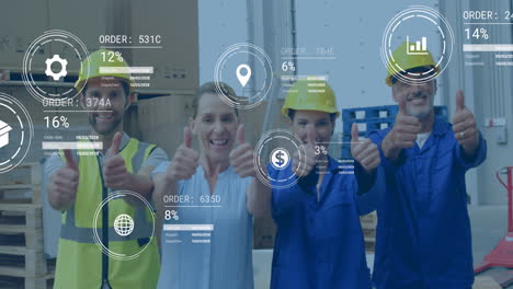 Animation-Der-Datenverarbeitung-über-Verschiedene-Vorgesetzte-Und-Arbeiter,-Die-Im-Lager-Den-Daumen-Hoch-Zeigen