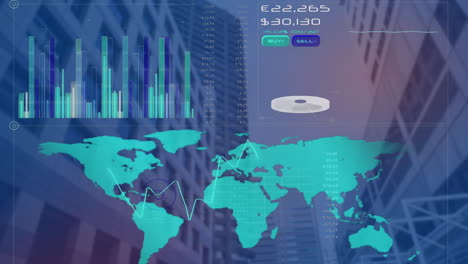 Animación-Del-Procesamiento-De-Datos-Financieros-Sobre-Un-Mapa-Mundial-Y-Un-Paisaje-Urbano