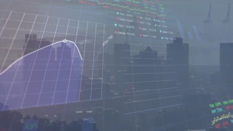 Animación-Del-Procesamiento-De-Datos-Estadísticos-Y-Bursátiles-Frente-A-La-Vista-Aérea-Del-Paisaje-Urbano