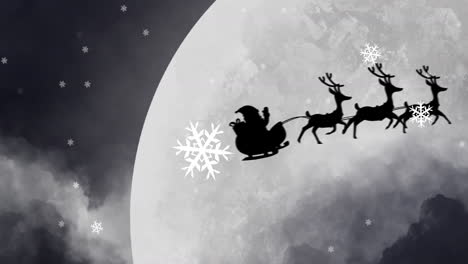 Animación-De-Copos-De-Nieve-Y-Papá-Noel-Montando-Trineo-Con-Renos-Sobre-Un-Primer-Plano-De-La-Luna.