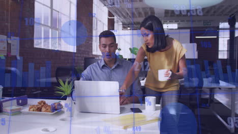 Animation-of-statistical-data-processing-over-diverse-man-and-woman-discussing-over-laptop-at-office