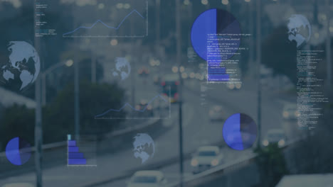 Animation-of-globes,-graphs,-computer-language-over-high-angle-view-of-moving-vehicles-on-road