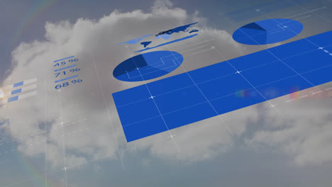 Animation-of-data-processing-and-diagrams-over-clouds