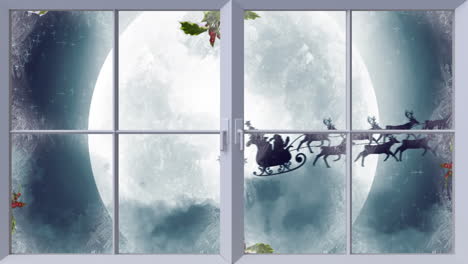 Animation-of-view-of-santa-claus-in-sleigh-pulled-by-reindeers-and-moon-in-night-sky-from-a-window