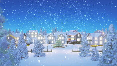 Animation-of-snow-falling-over-lit-houses-in-winter-scenery