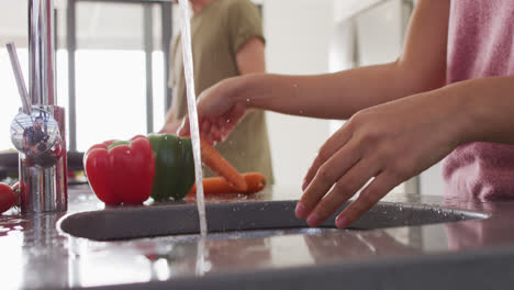 Video-of-hands-of-diverse-couple-washing-vegetables-for-cooking