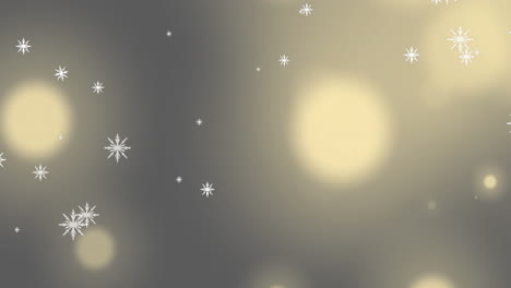 Animation-of-snowflakes-falling-against-glowing-spots-of-light-on-grey-background-with-copy-space