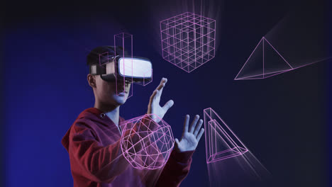 Animation-of-glowing-3d-shapes-over-asian-man-using-vr-headset