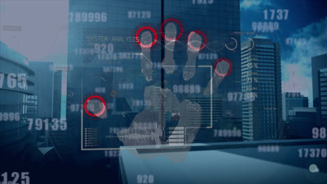 Animation-Eines-Biometrischen-Fingerabdruckscanners-Und-Wechselnder-Zahlen-Vor-Dem-Hintergrund-Hoher-Gebäude