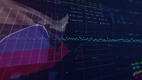 Animación-Del-Procesamiento-De-Datos-Estadísticos-Y-Bursátiles-Contra-La-Bandera-Rusa-Ondeante