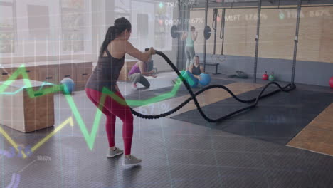 Animation-Von-Daten-Auf-Einem-Diagramm-über-Crosstraining-Einer-Kaukasischen-Frau-Mit-Battle-Ropes-Im-Fitnessstudio