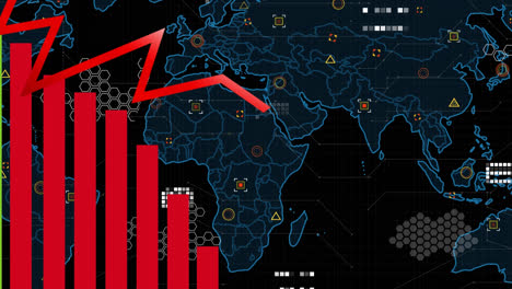 Animación-De-Gráficos-Financieros,-Datos-Y-Mapa-Mundial-Sobre-Fondo-Negro