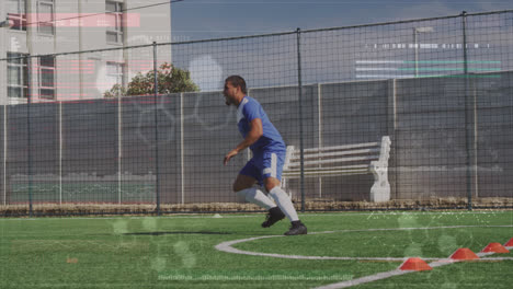 Animation-Einer-Schnittstelle-Zur-Datenverarbeitung-über-Einem-Afroamerikanischen-Fußballspieler,-Der-Auf-Dem-Spielfeld-Einen-Ball-Kickt