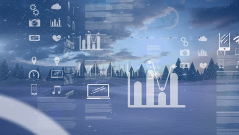 Animation-of-data-processing-and-stock-market-over-snow-landscape