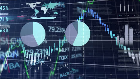 Animation-of-statistical-and-stock-market-data-processing-against-blue-background