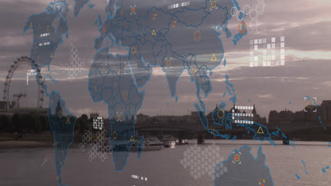 Animation-of-financial-data-processing-over-wold-map-and-london-cityscape