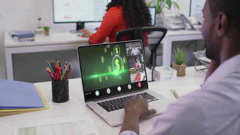 Video-of-african-american-man-working-on-laptop-with-crypto-currency-on-screen-and-video-call