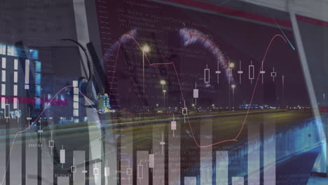 Animación-Del-Procesamiento-De-Datos-Estadísticos-Sobre-Un-Globo-Giratorio-Y-Un-Lapso-De-Tiempo-Del-Tráfico-Nocturno-De-La-Ciudad