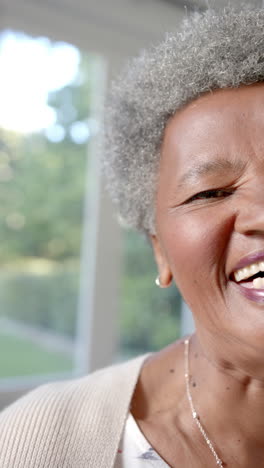 Vertical-video-half-portrait-of-happy-senior-african-american-woman-laughing-at-home,-slow-motion