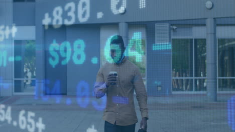 Animation-of-trading-board-over-african-american-man-with-bag-drinking-coffee-while-walking-outdoor