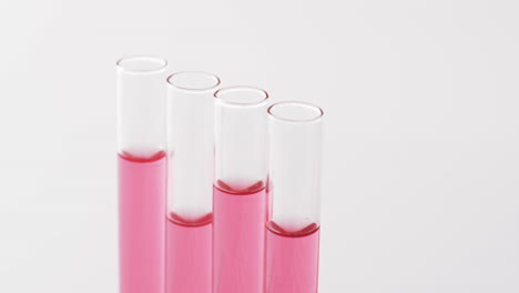 Video-of-glass-laboratory-test-tubes-with-red-liquid-and-copy-space-on-white-background