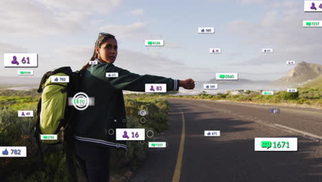 Animation-Mehrerer-Benachrichtigungsleisten-über-Einer-Frau-Gemischter-Abstammung,-Die-An-Der-Autobahn-Anhält,-Um-Eine-Mitfahrgelegenheit-Zu-Nehmen