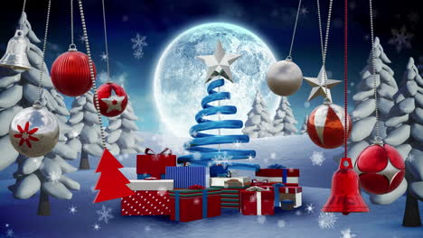 Animation-of-christmas-baubles-decorations-over-christmas-tree-in-winter-scenery-background