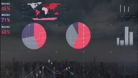 Animación-De-Interfaz-Infográfica-Multicolor-Sobre-Paisaje-Urbano-Moderno-Contra-Cielo-Nublado