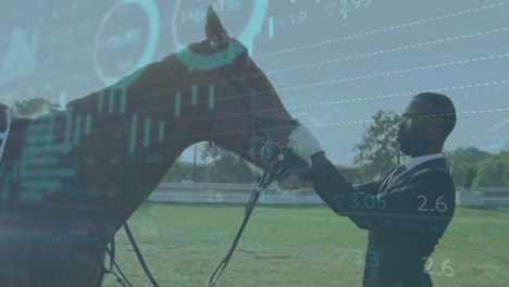 Animation-of-graphs,-and-trading-board,-african-american-jockey-adjusting-horse-noseband