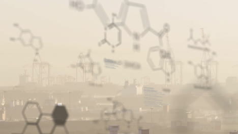 Animación-De-Estructuras-Moleculares-Y-Lenguaje-Informático-Sobre-Una-Ciudad-Moderna-Cubierta-De-Niebla-Contra-El-Cielo