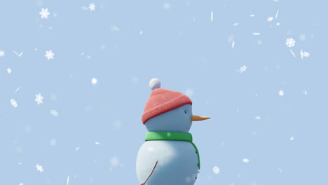 Animation-Eines-Weihnachtlichen-Schneemanns,-Der-Sich-über-Fallenden-Schnee-Auf-Blauem-Hintergrund-Bewegt