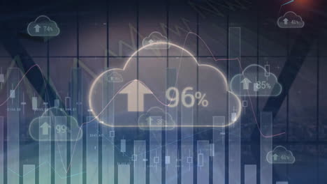 Animation-of-graphs,-clouds-with-increasing-number-and-percent,-arrow-up-signs-against-window