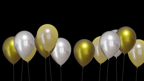 Animation-Von-Goldenen-Und-Silbernen-Luftballons-Auf-Schwarzem-Hintergrund