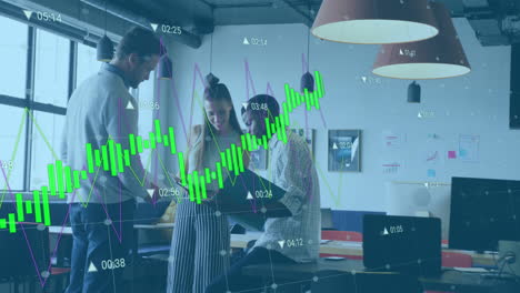 Animation-of-multiple-graphs-and-changing-numbers-over-diverse-coworkers-sharing-ideas-in-office