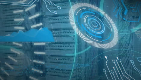 Animation-Von-Ladekreisen,-5G-Text,-Diagramm-Und-Leiterplattenmuster-über-Datenserversysteme