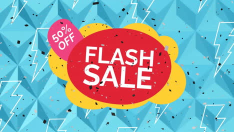 Animation-of-confetti-over-50-percent,-flash-sale-texts-in-oval-and-lightning-over-blue-background