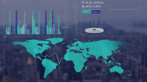 Animación-De-Gráficos,-Mapas,-Números-Cambiantes,-Símbolos-De-Moneda-Sobre-El-Paisaje-Urbano-Moderno